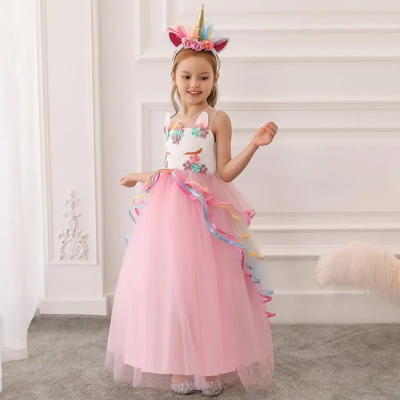 

Новинка 2022, розовое платье для девочек, мультяшное платье с единорогом и бабочками вечерние праздничное милое платье принцессы с принтом бе...