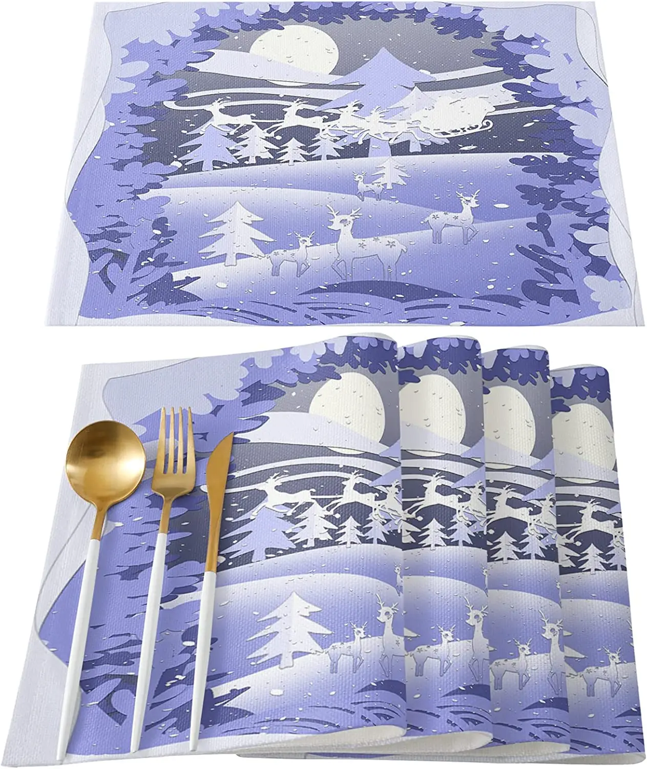 

Christmas Placemats Set of 4 Reindeer Xmas Trees Place Mats for Dining Room Dinner Table Winter Snowy Washable Table Mats