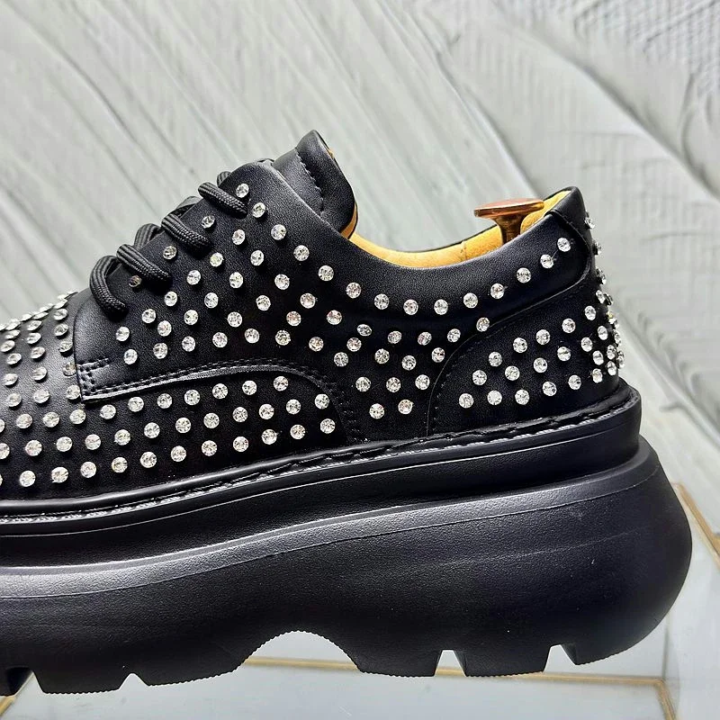 Мужские повседневные кожаные туфли со стразами и круглым носком на платформе с