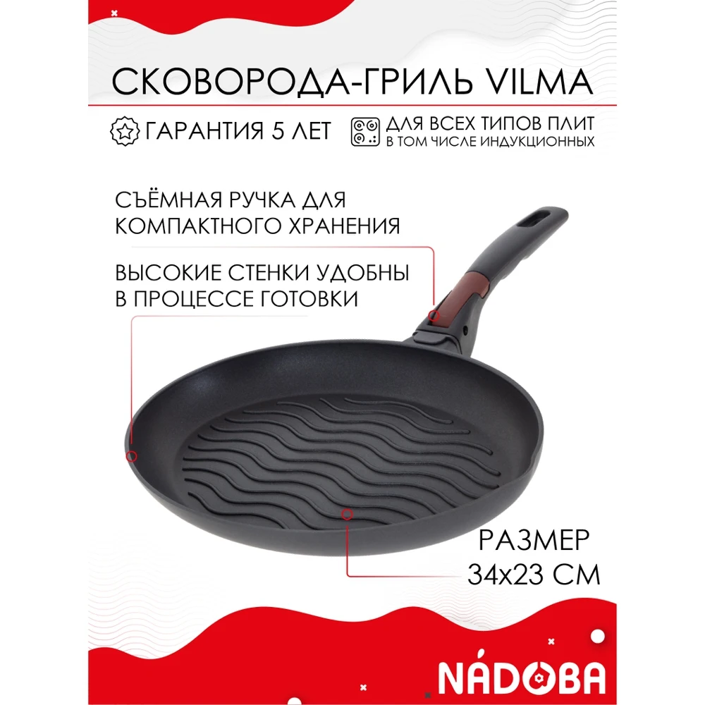 Сковорода-гриль для рыбы с антипригарным покрытием съёмной ручкой без крышки 34x23