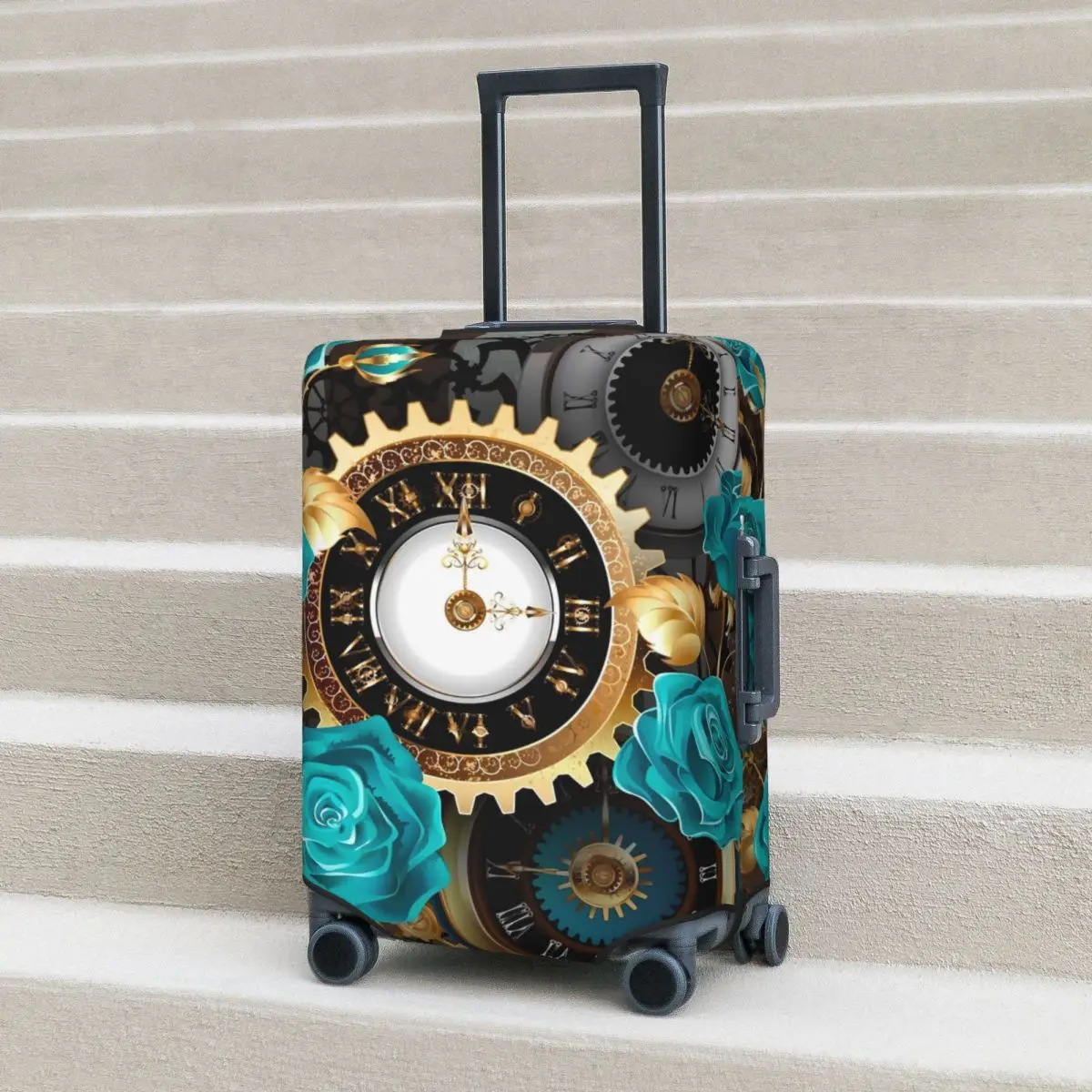 

Steampunk Striped Suitcase Cover Holiday Clock and Roses Practical Luggage Accesories Business Protector