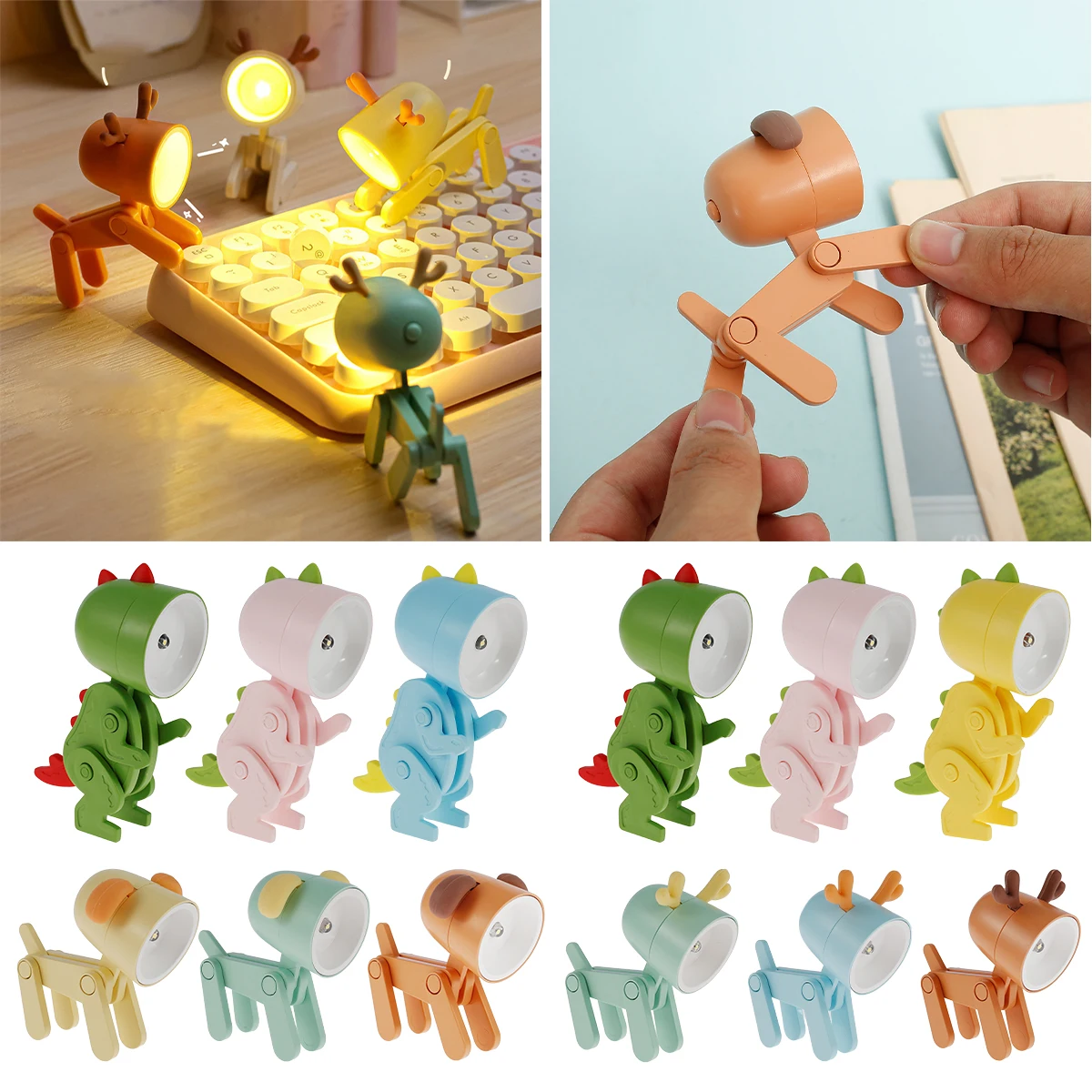 

6 PCS Mini LED Desk Lamp Cute Small Phone Holder Deer Shape Night Light Adjustable Phone Stand Portable Reading Table Lamp