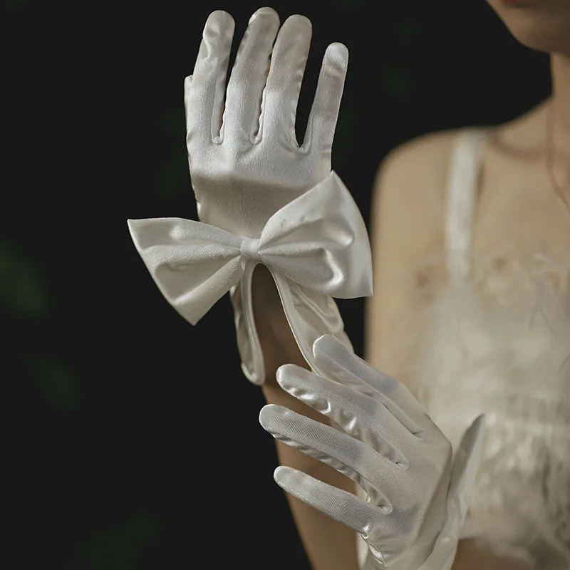 

1Pair Full Fingers Bow Wrist Elegant White BlackSatin Bridal Wedding Gloves Wedding Accessories Prom Party Dancing