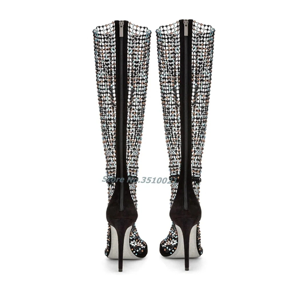 Peep Toe Crystal Hollow Stiletto Sandals Mesh Sequin Bling Roman Sexy Solid Color Banquet Party Shoes Zipper Summwe New Arrivals