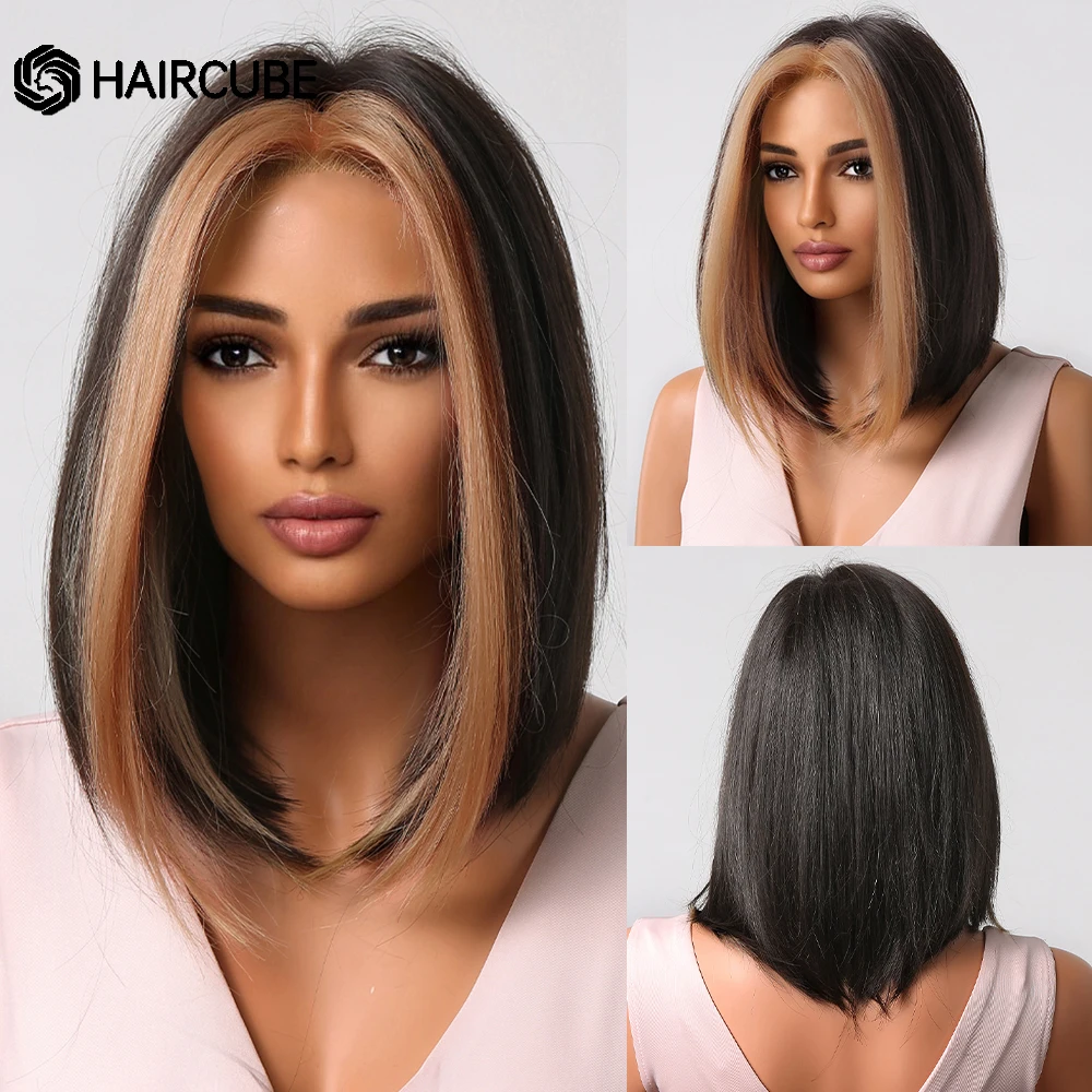

HAIRCUBE Short Straight Synthetic Wigs Brown Ginger Highlights Natural Hair Bob Wigs for Black Women Middle Part Daily Fiber Wig