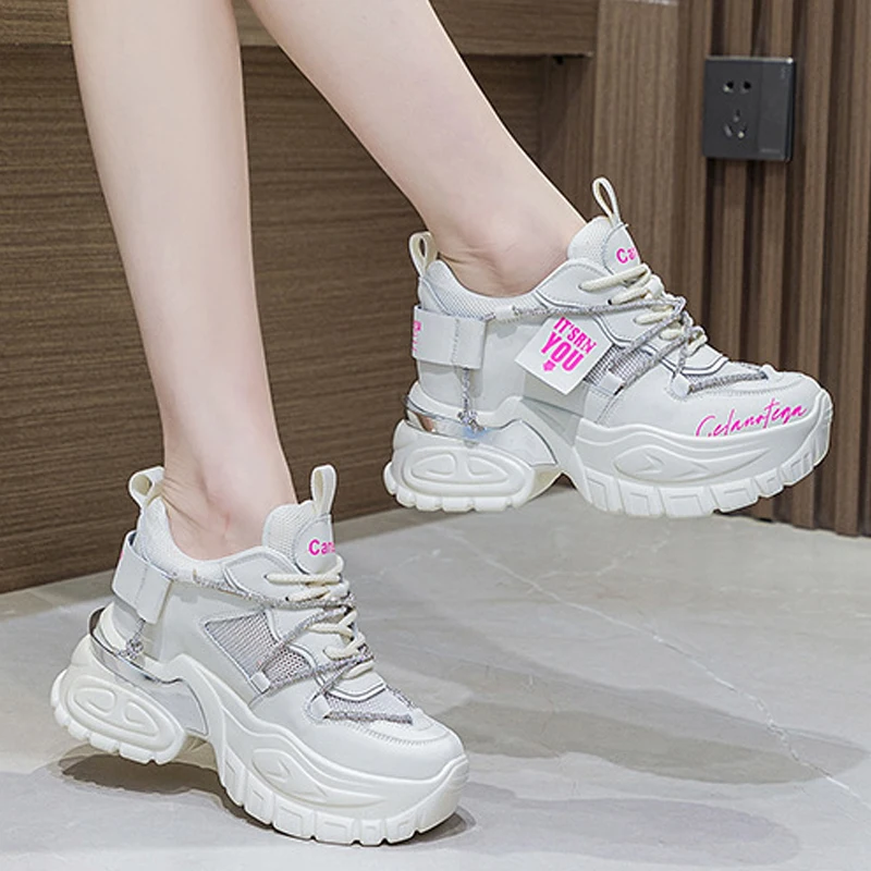 2023 Comfy 10.5cm Air Mesh Hollow Female Platform Wedge Chunky Sneakers Genuine Leather Rhinestone Fashion Summer Women Shoes
