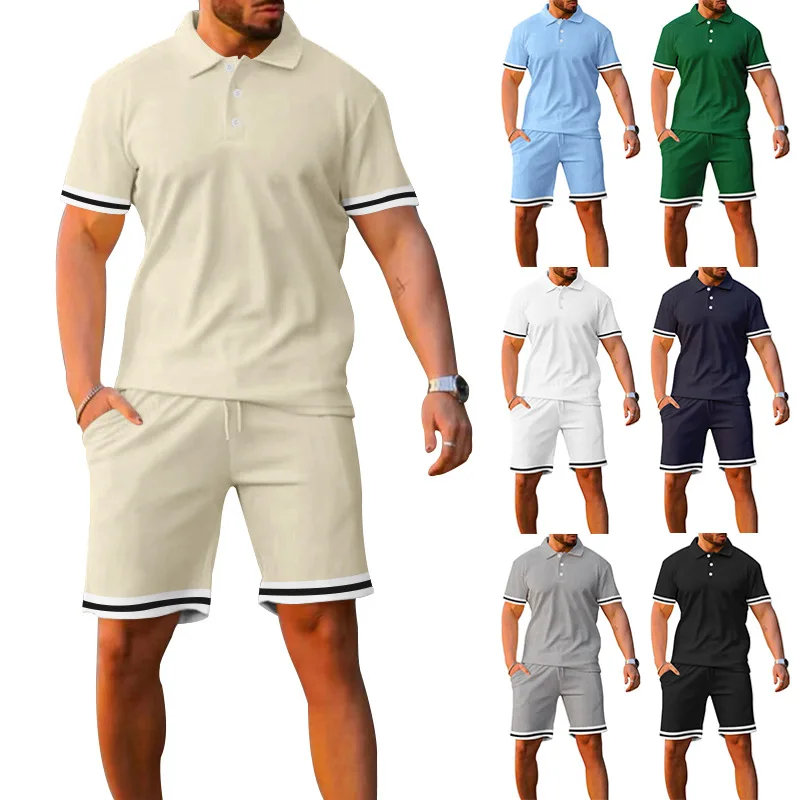 Summer Lapel Buckle Splicing Short Sleeved Shorts Set Fashionable Slim Fitting Men's Sports Set Casual Men's Clothing Tracksuit