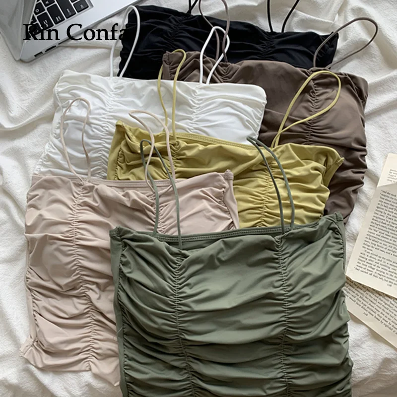 

Rin Confa Woman's Folds Sexy Short Crop Top With Bra Sleeveless Tshirts Summer Tank Intimates Camisole Summer Knitting Tops