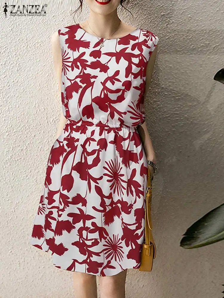 

Bohemian Women Floral Printed Sleeveless Sundress ZANZEA Summer Holiday Knee-length Dress Vintage Elastic Waist Beach Vestidos