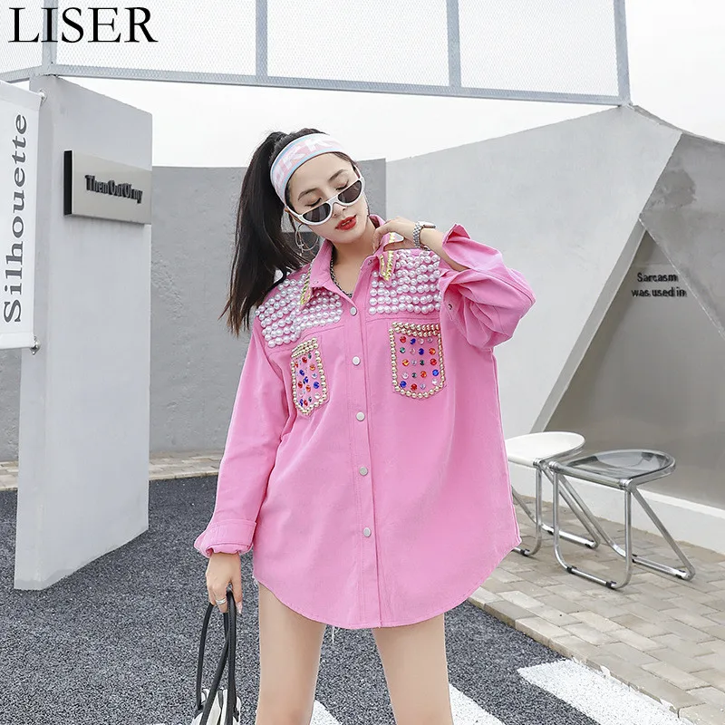 

2022 New Women'S Denim Jacket Autumn Loose Large Size Long-Sleeved Shirt Jacket Fashion Beaded Stitching All-Match Jacket LL1034