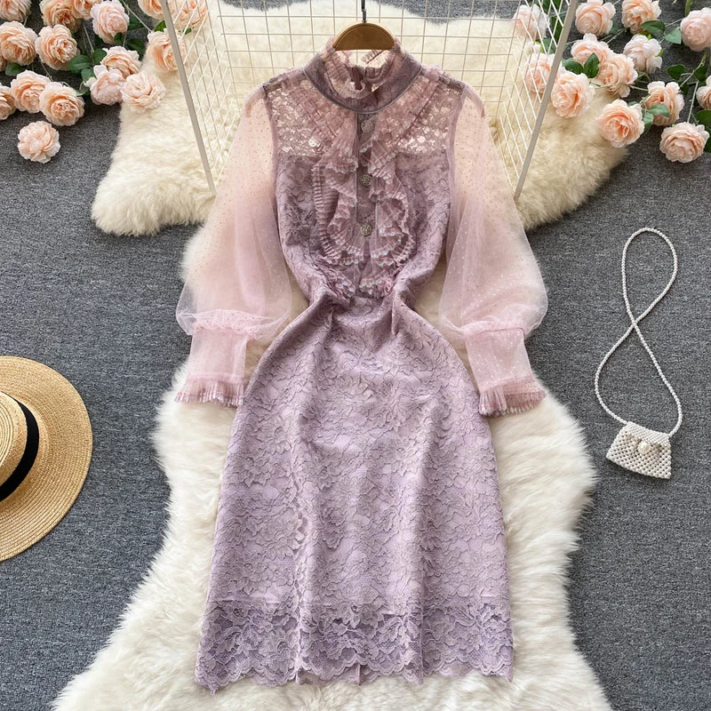 

FTLZZ New Spring Women Vintage Ruffled Lace Patchwork Mini Dress Casual Lady Puff Sleeve Dress Elegant Female Party Dress