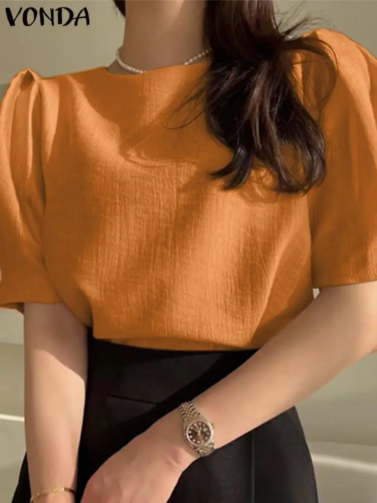 

VONDA Y2K Stylish Female Casual Chemise Summer Crew Neck Pleated Blouse Tops Women Short Sleeve Shirts Solid Blusas Oversized