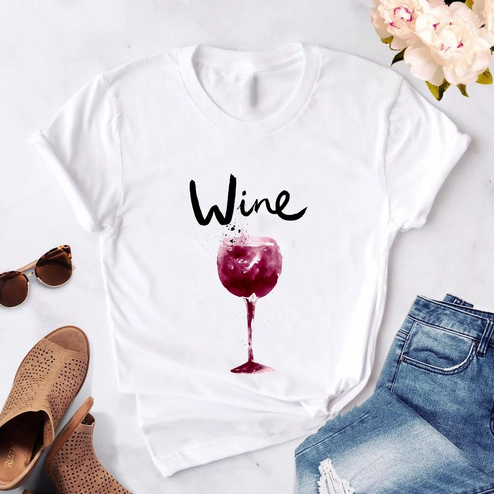 

Summer Women Wine Glasses Tshirts Short-sleeve Print Tee Shirt Funny T Shirts Ladies O Neck Ulzzang Female Black Tops Tees