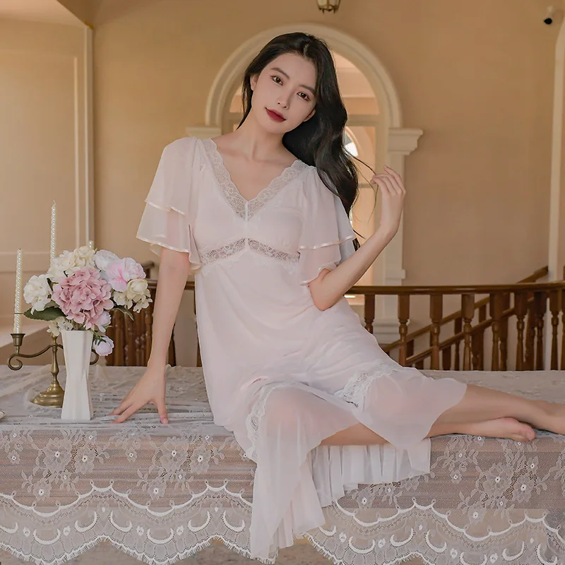 New princess style nightdress sweet lace modal pajamas women sexy nightwear sleeping dress