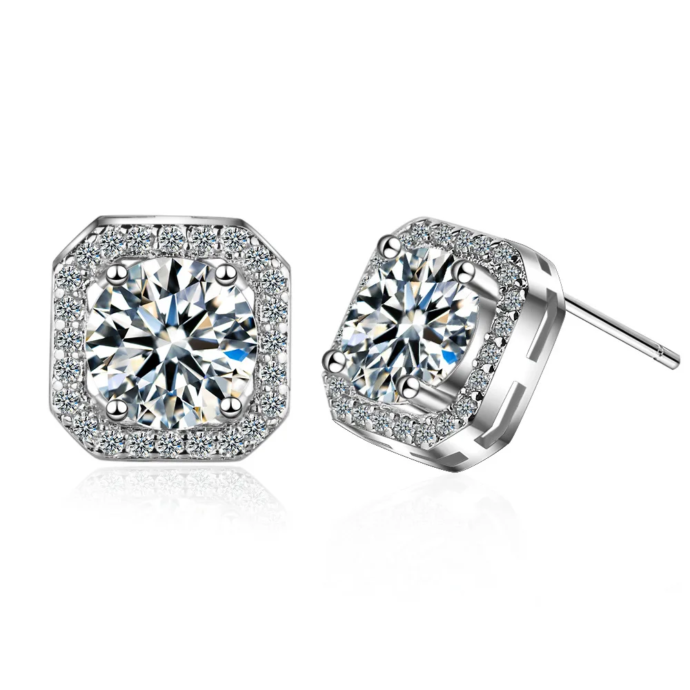 

Real 925 Silver Sterling Diamond Geometric Stud Earrings Women's Korean Style Diamond-studded Square Personality Earrings Girls