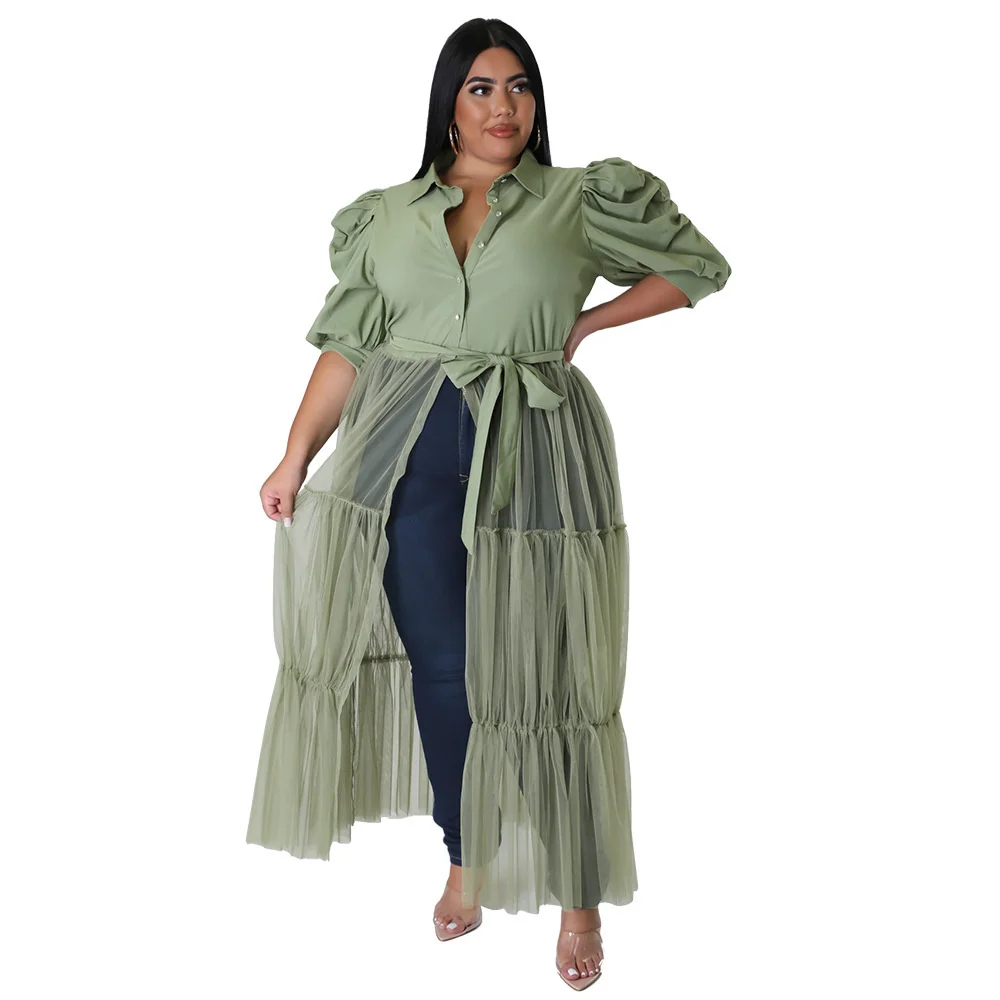 Plus Size Summer Fashion Women Mesh Shirt Dress Big Size Clothing Short Sleeves Belt Turn Down Neck Bu 3xl 4xl 5xl 6xl