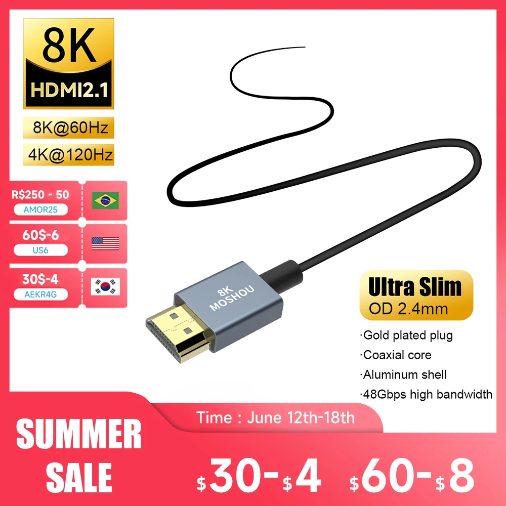 MOSHOU HDMI 2.1 8K 60Hz Ultra Slim Flexible Micro HDMI to HDMI 4K 120Hz HDMI to HDMI for Camera Xbox PS5 Samsung QLED TV Laptop