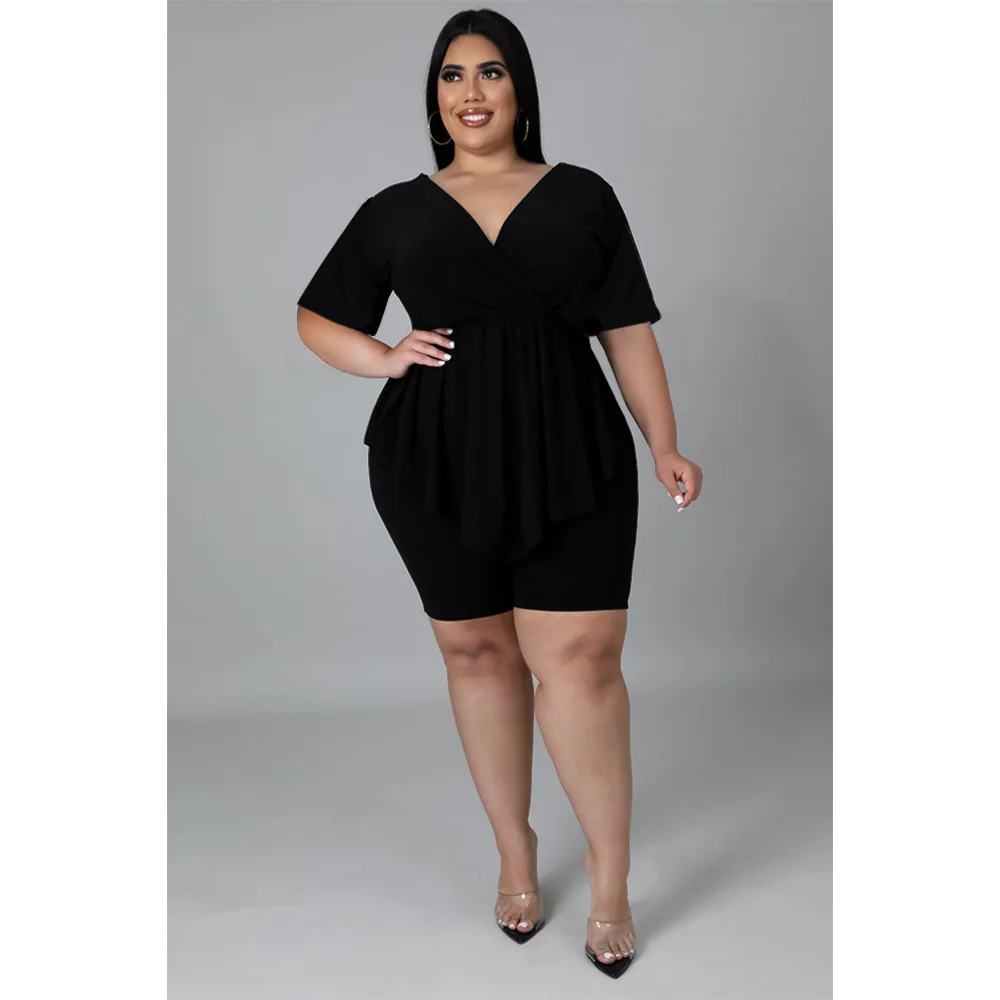 Plus Size Women 5xl Sets Solid Ruffle Shirt Tops And Short Pants 2022 Summer Fashion Two Piece Set Lady Cheap Wholesale Clothes