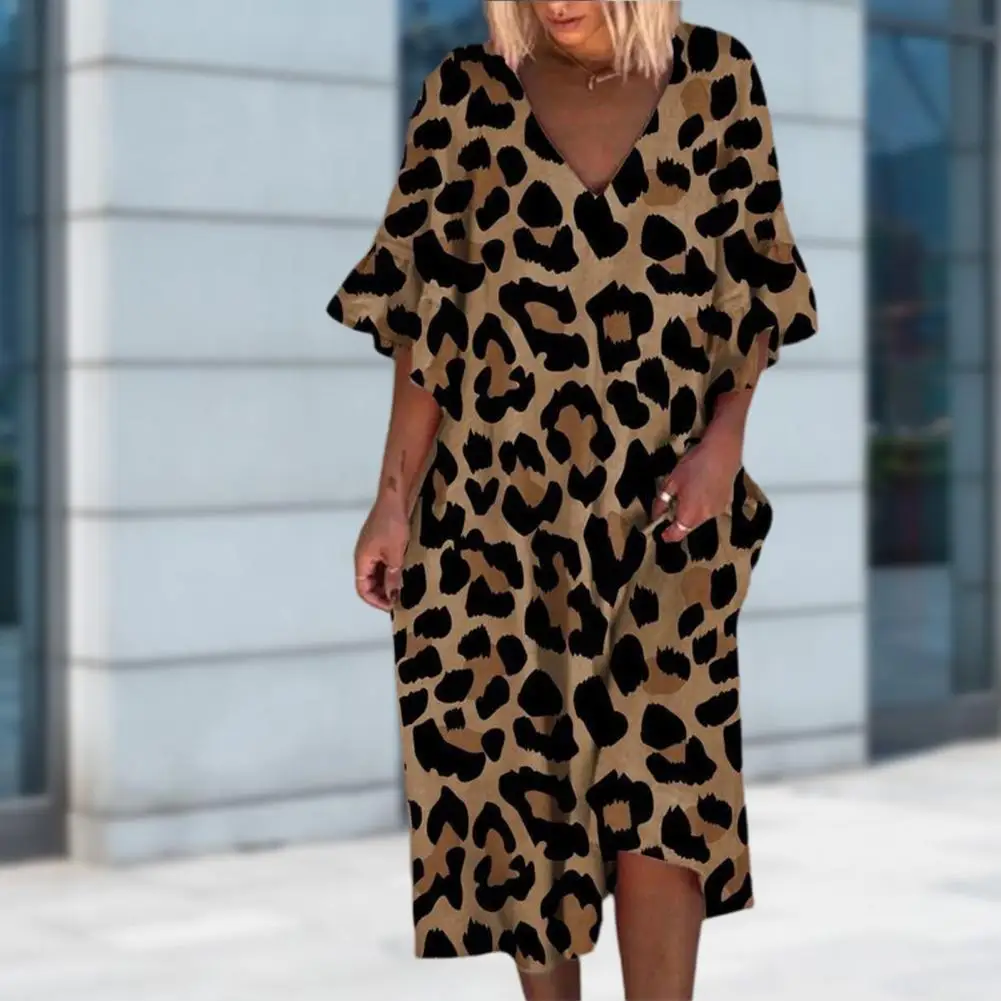 

V-Neck Ruffle Half Sleeve Pullover Summer Dress Women Leopard Print Baggy Midi Dress Breathable Loose Party Dress For Beach