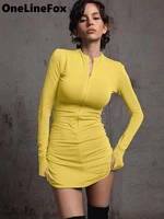 onelinefox y2k o neck bodycon mini dress for women sexy folds solid zipper long sleeve streetwear casual party dresses clothes