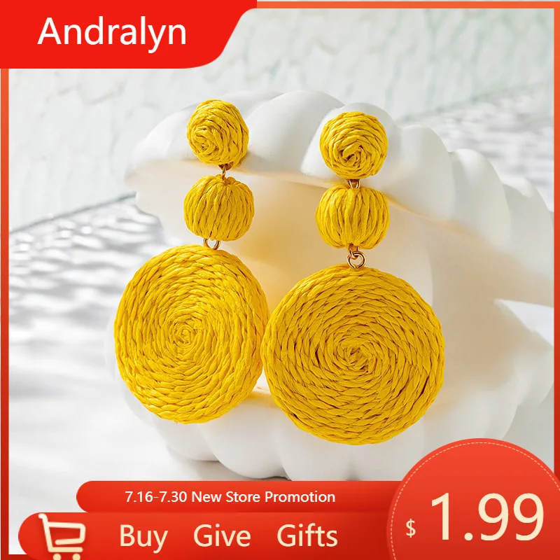 

Плетеные круглые красочные серьги из рафии для женщин, украшения, летние аксессуары, повседневный стиль