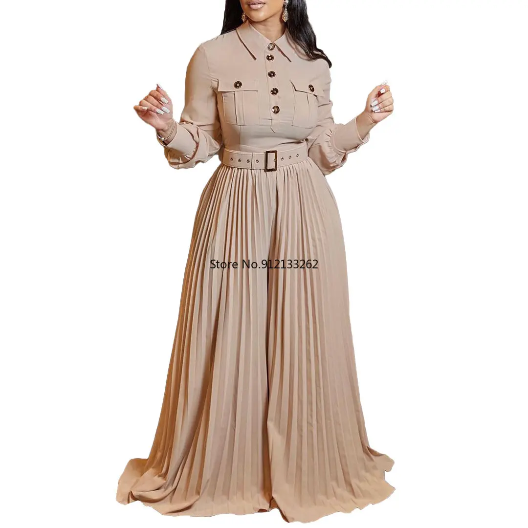 

Elegant Pleated Jumpsuit African Dresses for Women Fall Outfits Long Sleeve Button Shirt Top Lady One Piece Club African Clothes