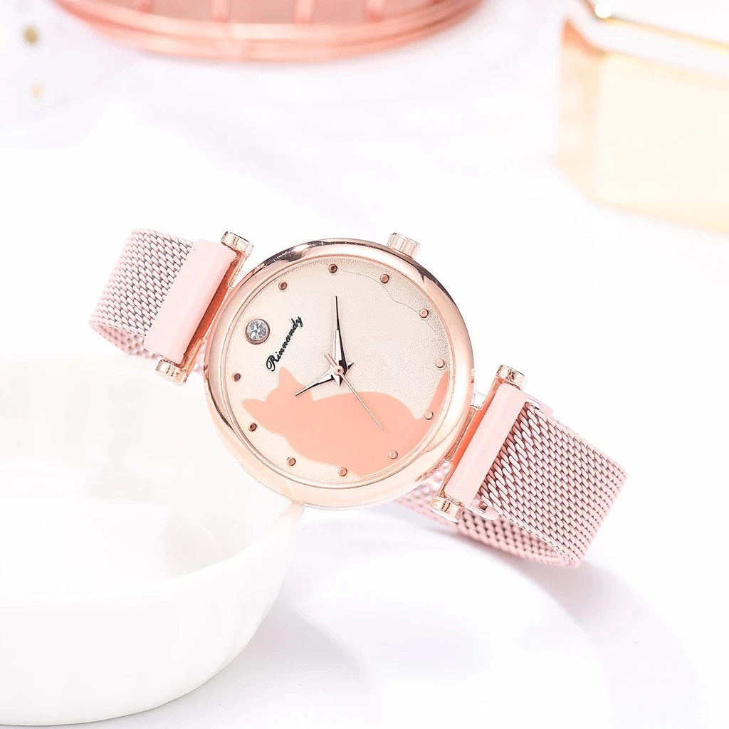 Women Fashion Watch Set 5Pcs Quartz Wristwatch Mesh Bracelet Cat Dial Luxury Women Watch Casual Ladies Clock With Bracelet Set