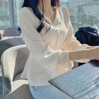 korean fashion v neck solid color top womens 2022 spring puff mid sleeve skirt swing tie high waist shirt womens button up tops