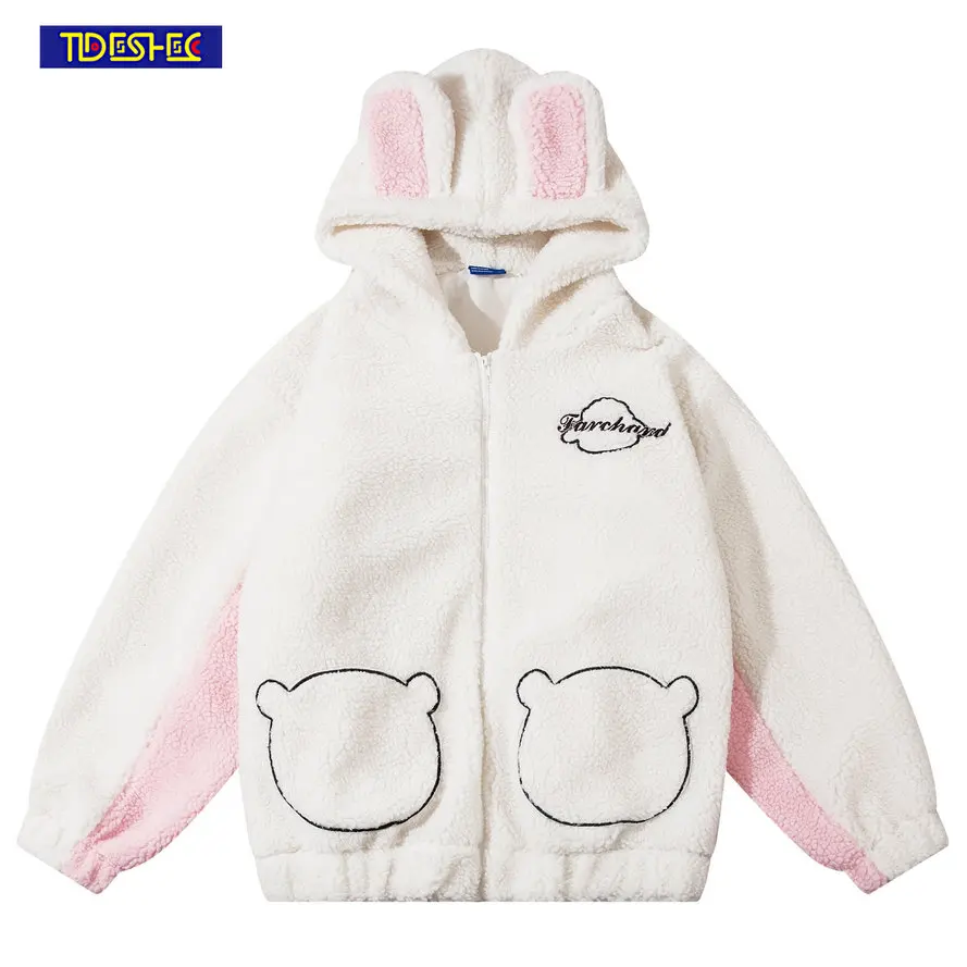 

2022 Men Coat Winter Casual Letter Embroidery Hoodies Rabbit Ears Lambhair Warm Women Hooded Jacket Pocket Zipper Couples Loose