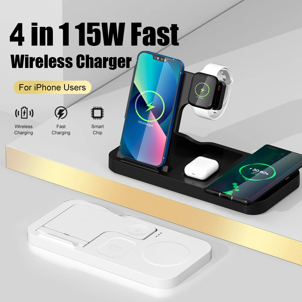 

Беспроводное зарядное устройство 4 в 1, 15 Вт, док-станция для быстрой зарядки Qi для Apple Watch iWatch S8 SE Ultra AirPods Pro Max для iPhone 14