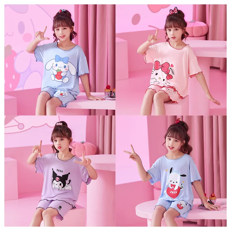 

Sanrioed мультфильм Kuromi Cinnamoroll Hellokittys детский тонкий пижамный комплект Kawaii шорты с коротким рукавом удобная домашняя одежда