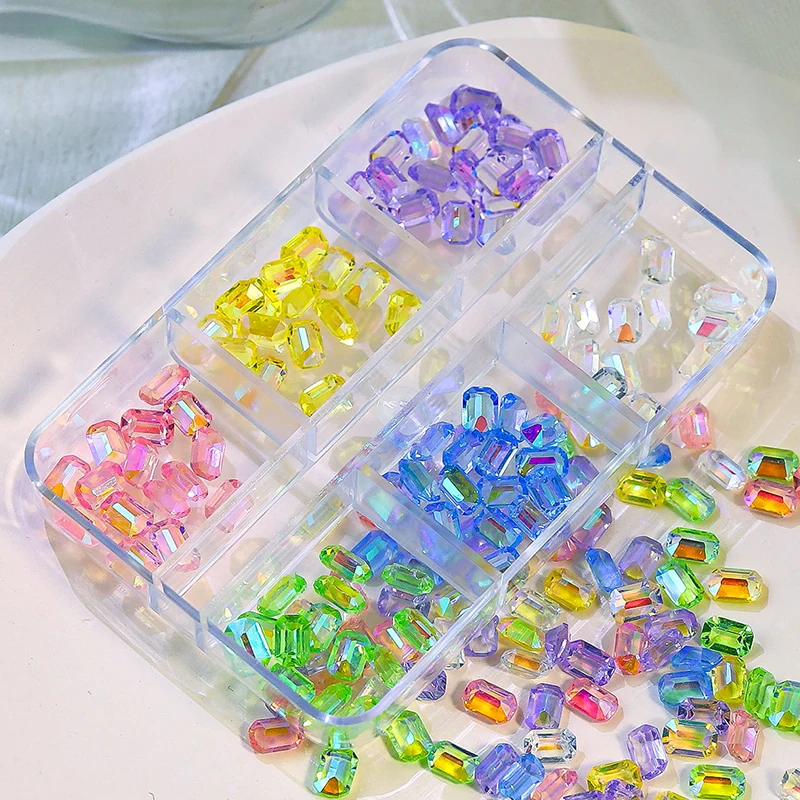 

6 Grids AB Crystal Rhinestones Sparkly Sugar Cube Nail Charms Manicure Accessories Luxury Aurora Square Shaped Stones For Nails