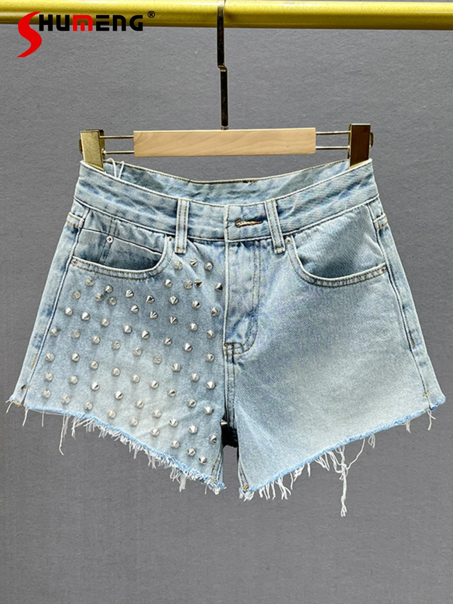 

Women's Fashion 2022 Summer Fashion High Waist Loose Denim Shorts Ladies European Elegant Slimming Ins Rivet Wide Leg Hot Pants