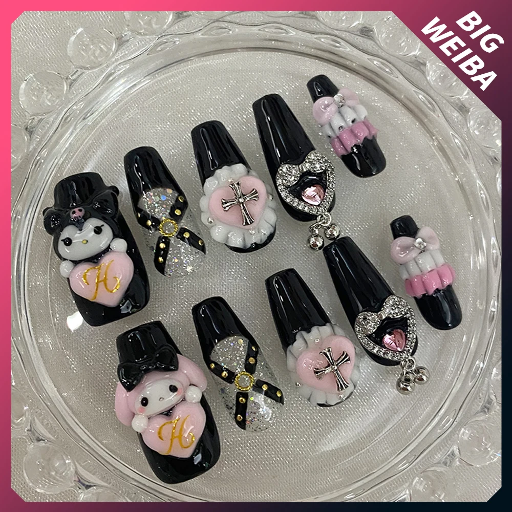 

Diy Kawaii Nail Hello Kitty Mymelody Kuromi Detachable Black Nails Long Coffin False Stiletto Nails Anime 3D Nail Tips