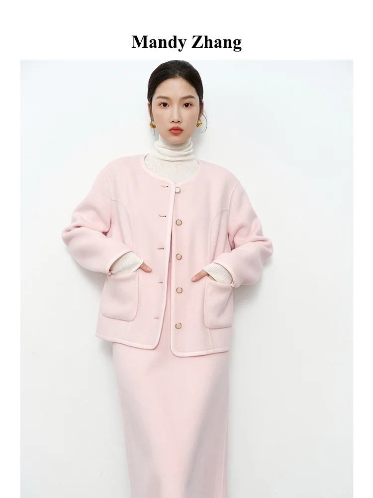 

Двустороннее шерстяное пальто из австралийской шерсти, женское короткое высококачественное розовое очаровательное шерстяное пальто