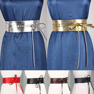 Fashion Wide Streamer Bowknot Belt Women Pu Leather Belt Metallic Color Soft Leather Wide Self Tie W in Pakistan