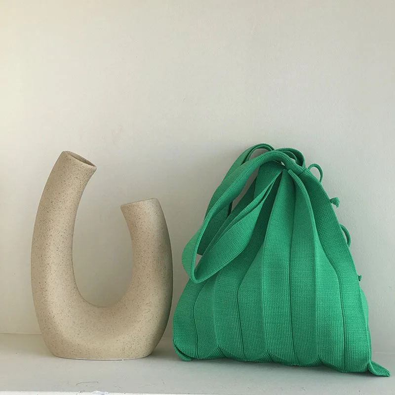 Candy Color Foldable Strapped Tote Bag for Women 2023 Wool Knitted Pleats Handbag Fashion Shoulder Shopper Bag Bolsa Feminina