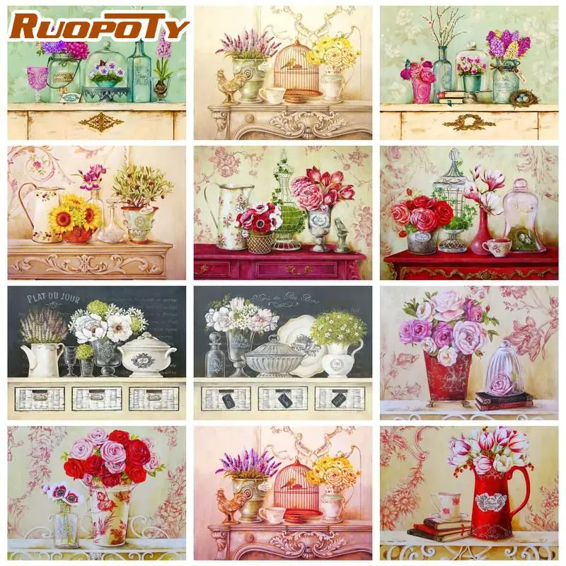 

RUOPOTY Oil Painting By Number Dresser Scenery Handpainted Diy Painting By Number Flower Painting Wall Decor