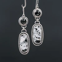 ancient silver color oval painting black white pattern hook dangle earrings for women jewelry vintage round black stone earrings