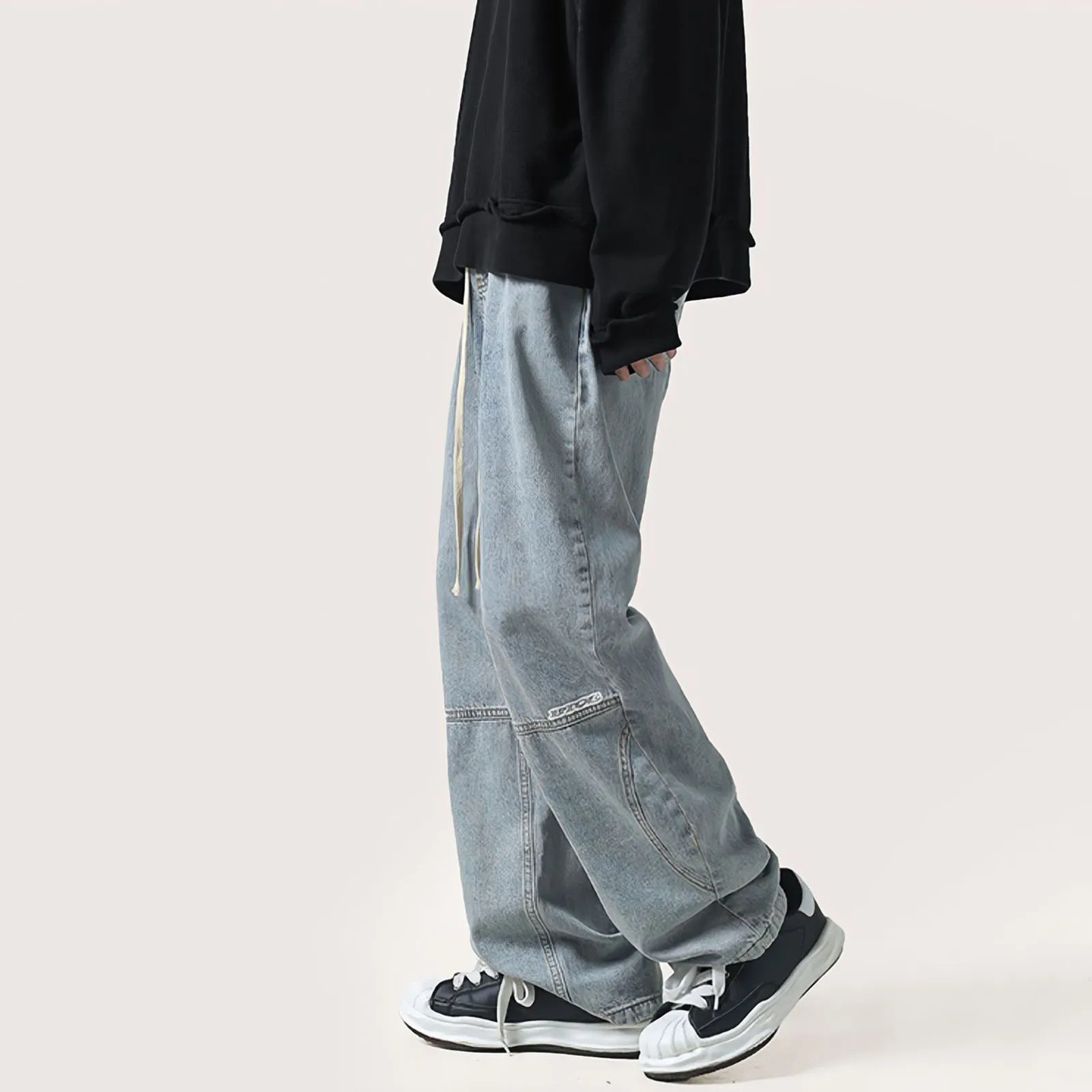 Black Jeans Man Summer Harajuku Baggy Straight Cargo Pants Korean Fashion Streetwear Casual Vintage Wide Leg Denim Trousers
