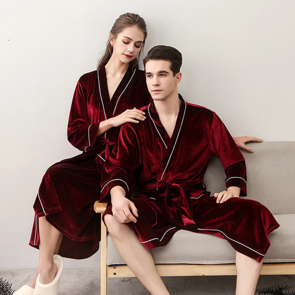 Solid Gold Velvet Women's Bathrobe Three Quarter Sleeve V Neck Autumn Winter Couple Sleepwear with Sashes Plus Size Homewear