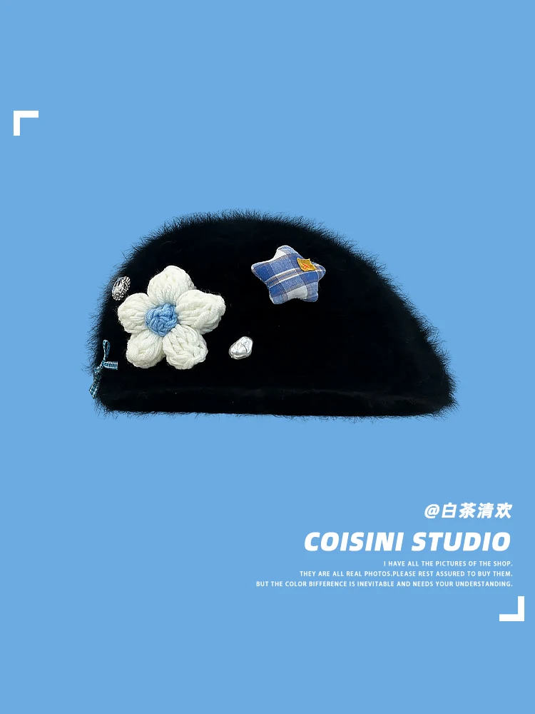 Новинка 2024 милая шапка с имитацией кроличьего меха и цветами модная