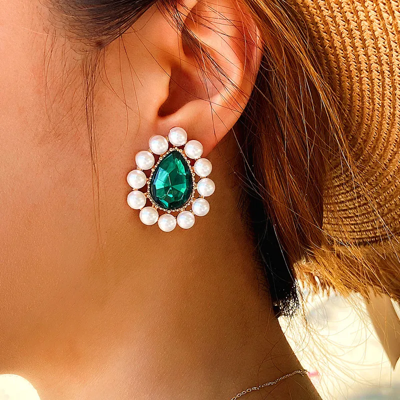 

Palace Fashion Elegant Green Rhinestone Stud Earrings for Women Jewelry Gifts