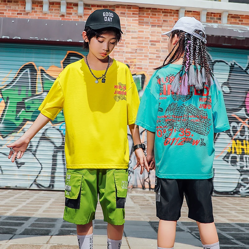 

2023 New Ballroom Hip Hop Dance Practice Clothes For Kids Loose Shirts Shorts Suit Children Jazz Dance Stage Outfits DN14433