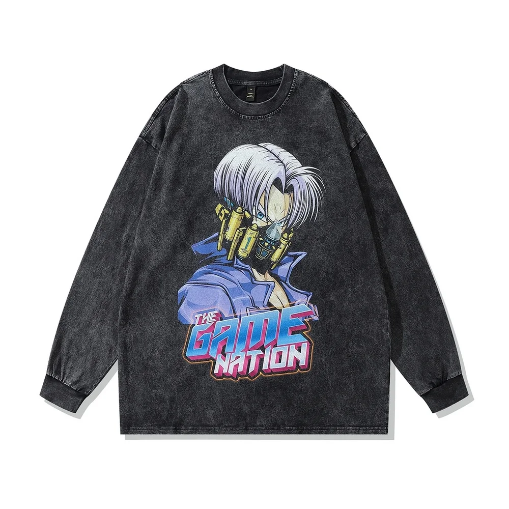 

Japan Style Cartoon Comic Graphic Print Gothic Harajuku T-Shirt Streetwear Washed Black 2023 Men Cotton Long Sleeve Tshirt Loose