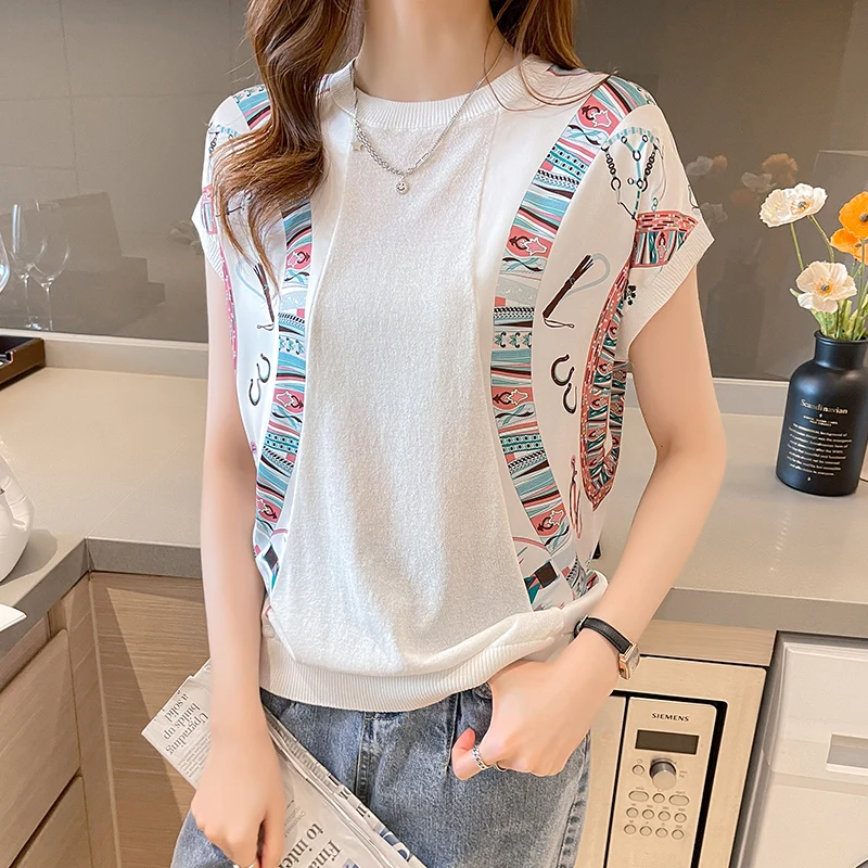 

Women's T-shirt New Fashion Casual Tees Splicing Knitted T Shirt Cotton Summer O-Neck Short Sleeve Loose Top