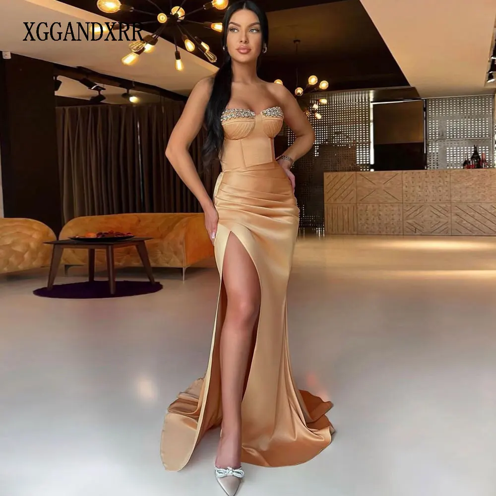 

Champagne Mermaid Prom Dress 2022 Sexy Side Slit Beading Pleats Sweep Train Long Elegant Evening Party Gown Woman Formal Gala