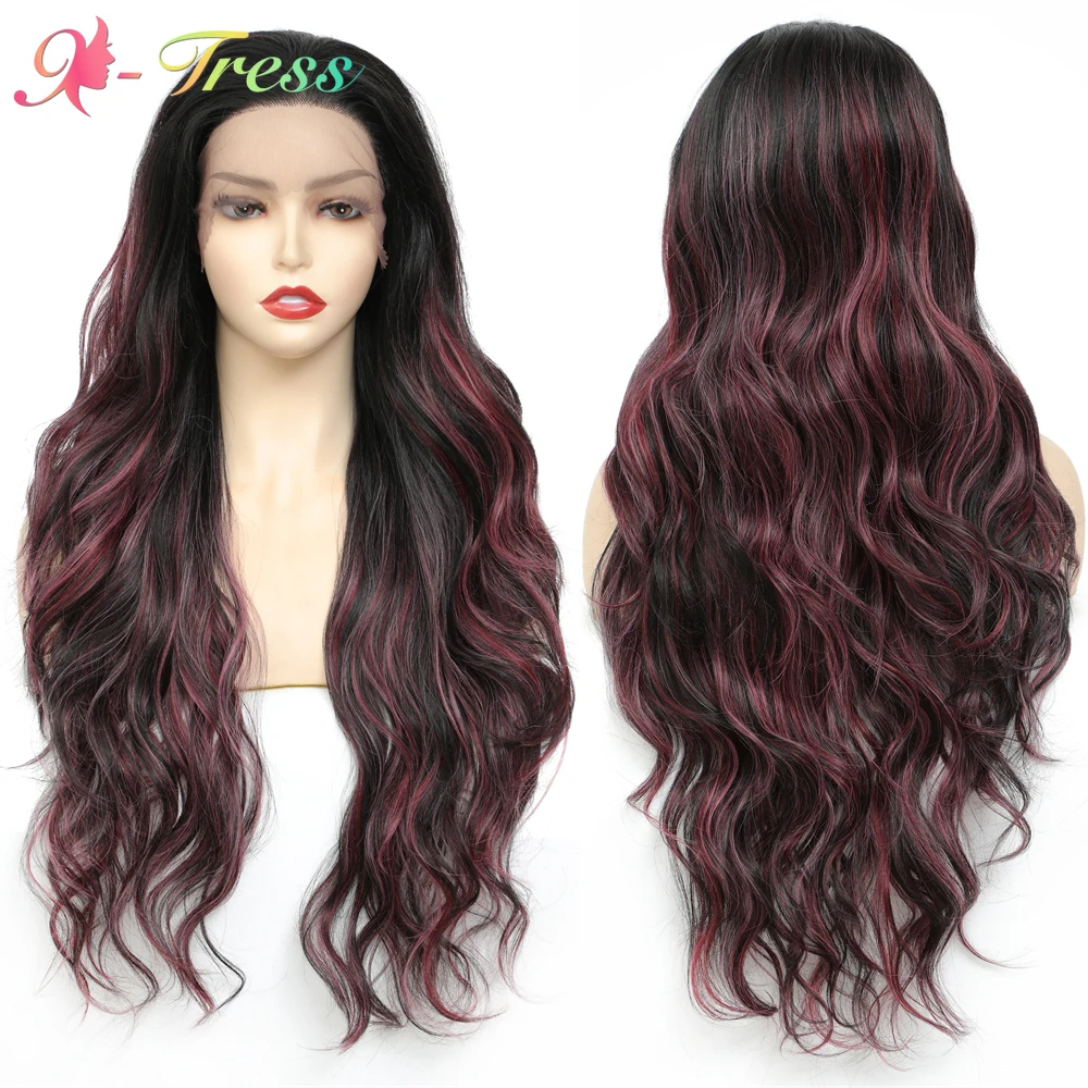 

X-TRESS Highlight Pink Wig Synthetic Ombre Lace Front Wigs for Black Women Long Body Wavy Hair Daily Cosplay Heat Resistant