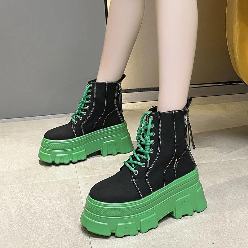 

Thick Bottom Women's Boots Autumn 2021 Fashion Double Zipper Canvas Ankle Boots for Woman Chunky Platform Increased Shoes