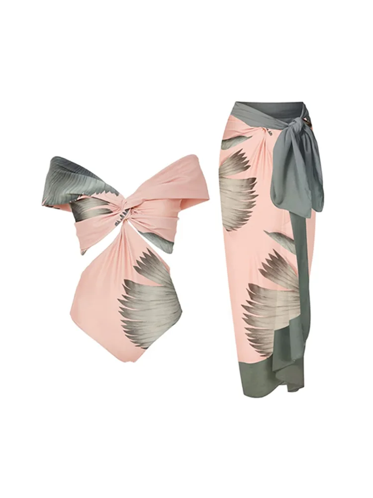 

Vintage Pink Print Bikini Sets Swimsuit with Skirt Women High Cut One Piece Swimwear 2023 Holiday Beach Bathing Suits Cover-Up